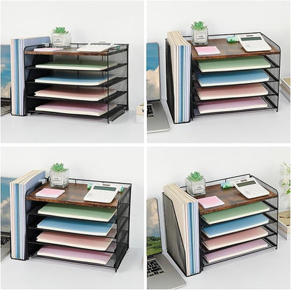OPNICE 5-Tier Paper Organizer with Magazine Holder, Desk Organizers and Accessories, Office Desk Accessories & Workspace Organizers, Desktop File Organizer for Office Supplies Storage, Brown