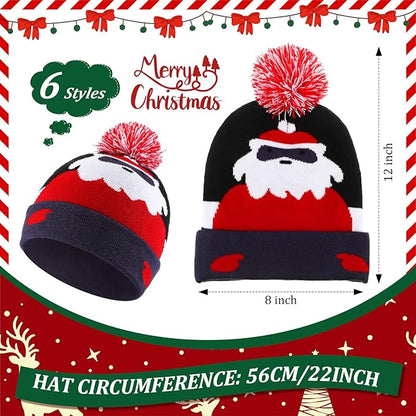 Vicenpal 6 Pcs Christmas Knitted Hat Xmas Beanie Hat Bulk Crochet Knit Cap Set Printed Wool Bulk