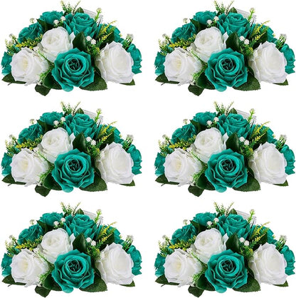 NUPTIO Flower Wedding Centrepieces for Tables - 6 Pcs 9.5in Diameter Teal & White Artificial Flowers Rose Ball for Centerpieces Table - Fake Rose Arrangements for Weddings Birthday Party Decorations