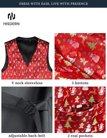 HISDERN Men's Suit Vest Christmas Holiday Season Party Jacquard Waistcoats Necktie Pocket Square Vest Suit Set
