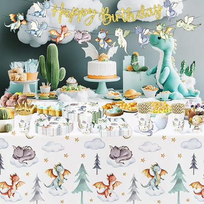 Dragon Birthday Party Supplies, Magic Dragons Party Decorations, Paper Plate, Napkin, Cup, Tablecloth, Cutlery, Magical Dragon Birthday Baby Shower Table Decorations, Serves 24
