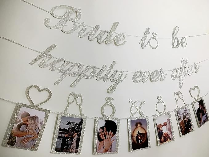 Concico Bridal Shower Decorations - Bride to be happily ever after Banner and Photo Banner for Bridal Shower/Wedding/Engagement Party Kit Supplies Decorations decor (Silver)