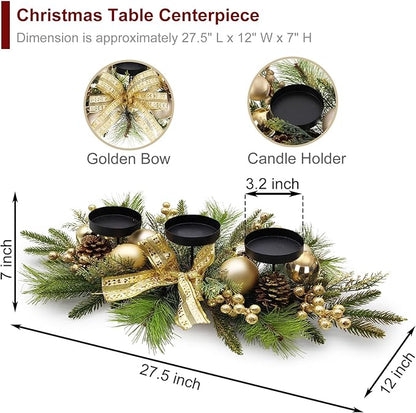 Gold Glittery Christmas Candle Centerpiece with Berries and Pinecones - 27.5 Inch