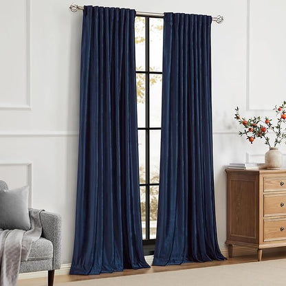PRIMROSE Navy Blue Velvet Curtains 108 inch Long for Living Room,Set of 2 Panels Blackout Rod Pocket Back Tab Window Treatment Room Darkening Heavy Decorative Curtains Drapes for Bedroom
