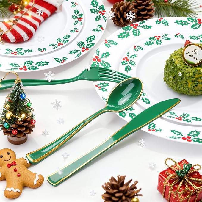WDF 180PCS Green Plastic Silverware - Green Utensils 60 Forks, 60 Knives and 60 Spoons - Heavy Duty Christmas Plastic Cutlery for Party Supplies/Christmas