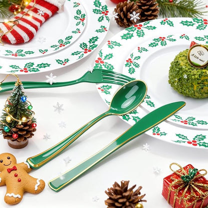 WDF 180PCS Green Plastic Silverware - Green Utensils 60 Forks, 60 Knives and 60 Spoons - Heavy Duty Christmas Plastic Cutlery for Party Supplies/Christmas
