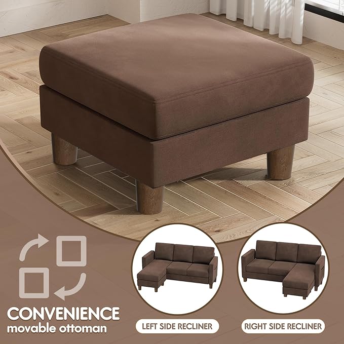 VICTONE Convertible Sectional Sofa Couch, 3 Seat L-Shaped Sofa with Linen Fabric Ottoman Small Couch for Small Apartments, Living Room and Office (Linen Fabric, Brown)