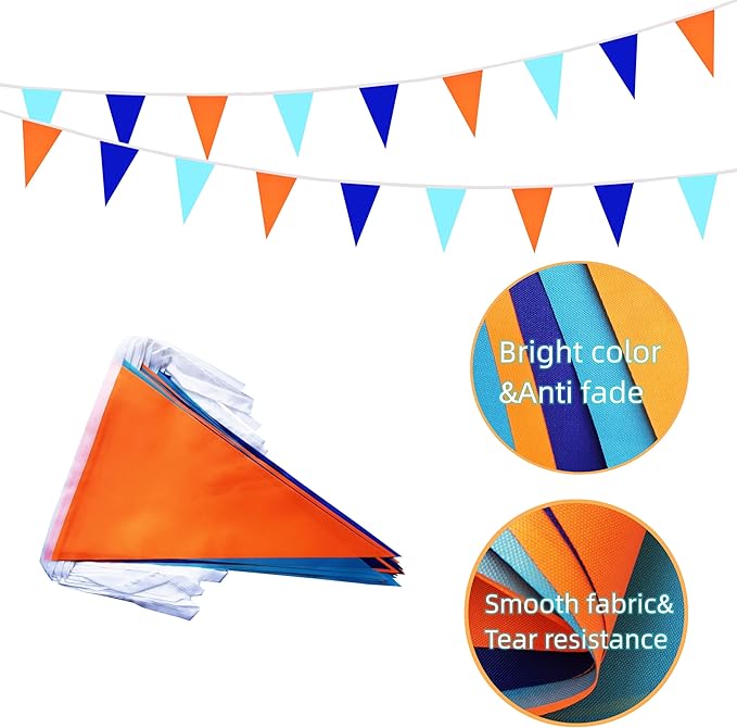 100 Feet 60 Pcs Blue Orange & Dark Blue Pennant Banner Flags, Triangle DIY Flag, Bunting Streamer Decor for Grand Opening, Birthday, Wedding Celebration