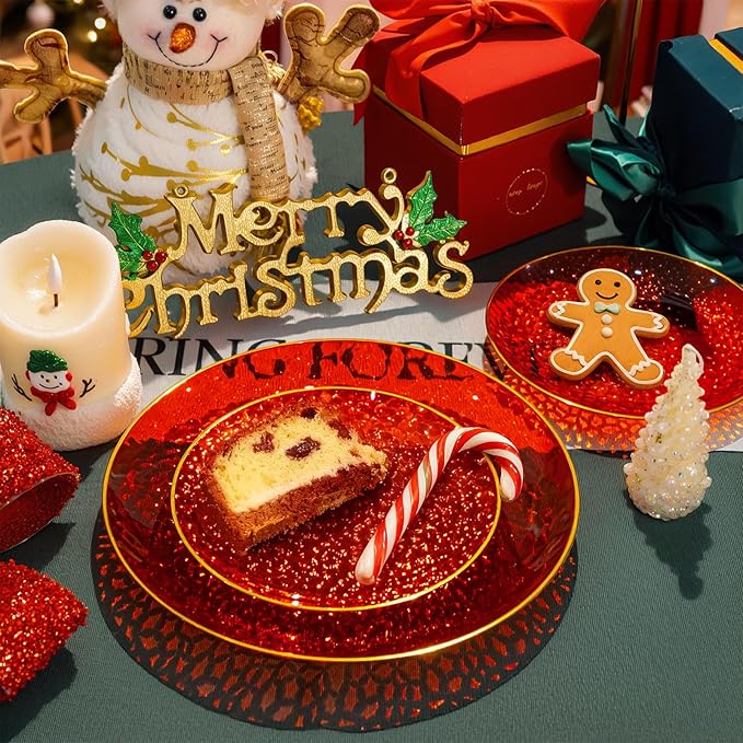 SUT 100Pcs Red Plastic Plates, Hammered Plates Disposable Heavy Duty, Red Disposable Plates With Gold Rim, Fancy Plastic plates Include 50 Dinner and 50 Dessert Plate for Wedding