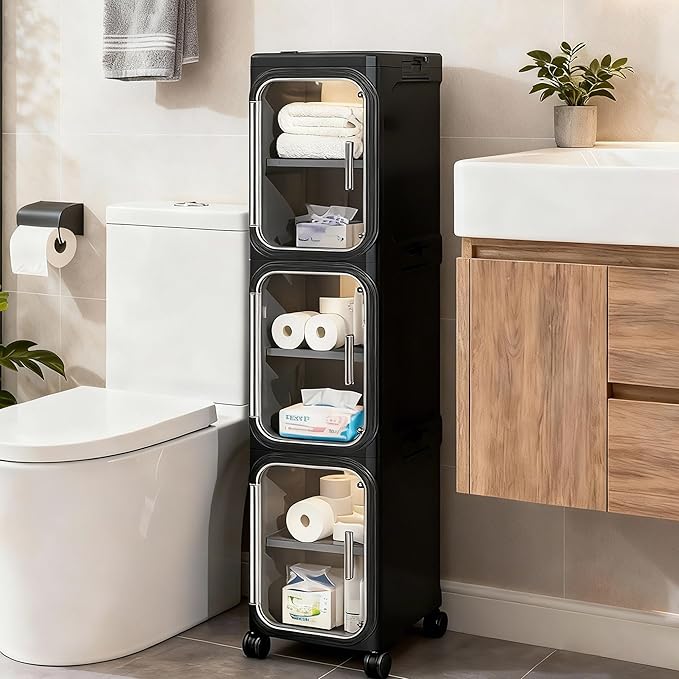 3-Tier Slim Narrow Storage Cabinet with Adjustable Shelves and Movable Wheels, Anti-Tip, Bathroom Storage and Organizers for Small Space, Bathroom, Kitchen, Laundry, Black