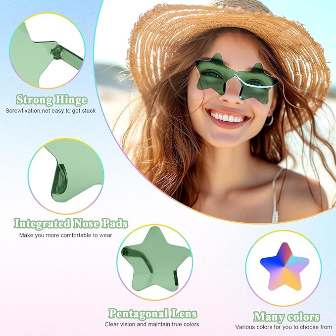 NACHLYNN 12 Pcs Rimless Star Shaped Sunglasses Green Transparent Sunglasses Pentagram Glasses for St. Patrick Day Christmas
