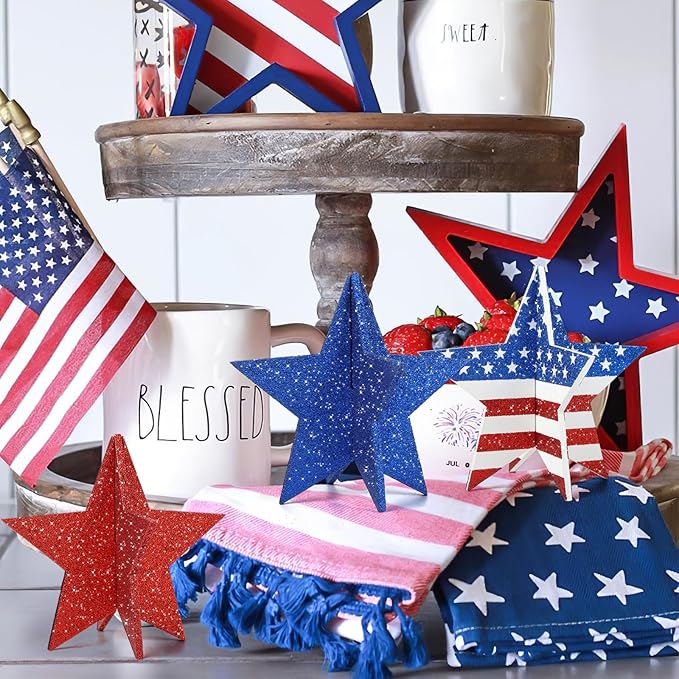 COCHIE 6 Inch Labor Day Decorations Wooden Stars Set, 3D Glitter Star Memorial Day Tiered Tray Decor, 4th of July Red White Blue Patriotic Decoration for Home Table Desk Door Shelf (Flag Style)