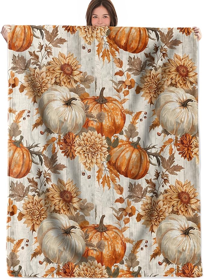 Fall Pumpkin Floral Throw Blanket Gifts for Boys Girls Kids Adults, Autumn Harvest Theme Flannel Blankets for Travel Sofa Living Room Decor 60"X80"