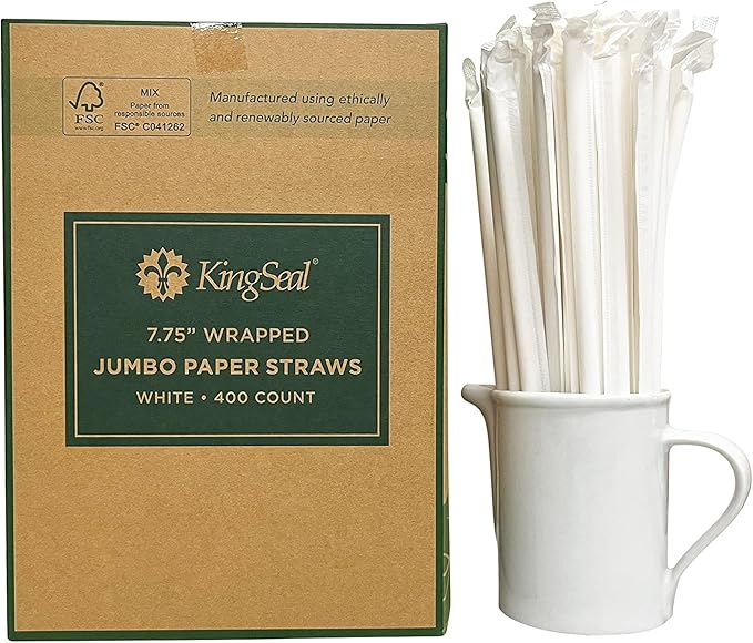 400 Count | Kingseal Disposable PAPER Drinking Straws, FSC Certified, Paper Wrapped, WHITE, 7.75 Inch Length x 6mm Diameter, "Jumbo" Size, Biodegradable, Earth Friendly, Bulk Pack - 400 Straws Per Box