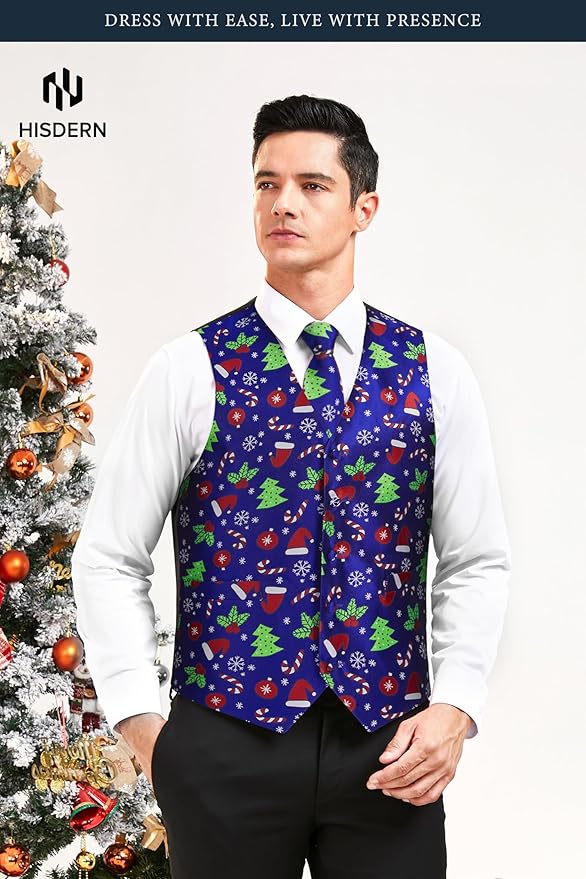 HISDERN Men's Suit Vest Christmas Holiday Season Party Jacquard Waistcoats Necktie Pocket Square Vest Suit Set