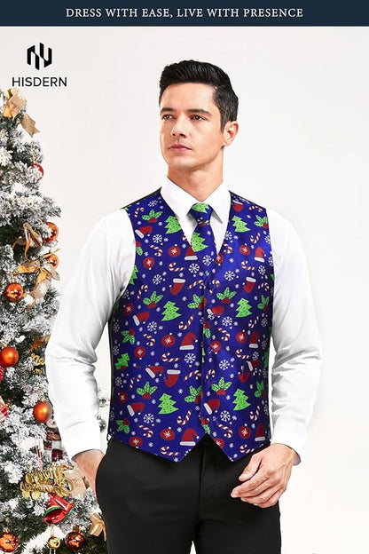 HISDERN Men's Suit Vest Christmas Holiday Season Party Jacquard Waistcoats Necktie Pocket Square Vest Suit Set