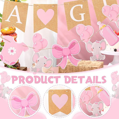 2 Pcs Baby Girl Shower Decorations Pre-Strung It's A Girl Burlap Banner and Elephant Baby Banner for Gender Reveal Birthday Shower Party Decorations
