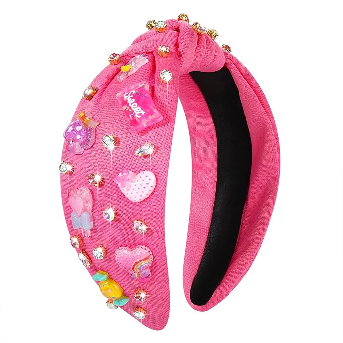 Knotted Headband for Women Lollipop Candy Mushroom Crystal Jeweled Embellished Top Knot Hairband Statement Wide Turban Hair Hoop Funny Gifts for Girls Sister Birthday Xmas Holiday Party