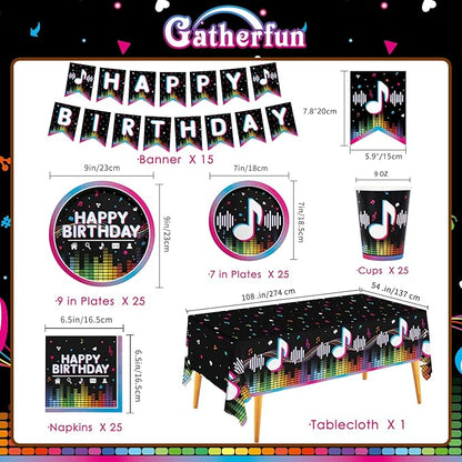 Music Party Supplies Disposable Paper Plates Napkins Cups Tablecloth and Banner for Girls Boys Music Party Birthday Decorations, Serve 25.