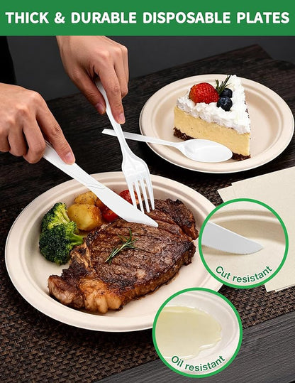 300Pack Disposable Paper Plates and Cutlery Set - Includes 50PCS 7-inch and 9-inch Platters, 50 sets of Disposable Cutlery and Napkins - 100% Compostable Tableware Set for 50 Guests Service