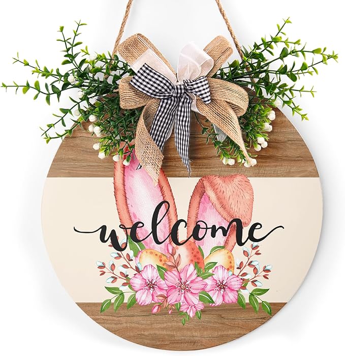 Harooni Easter Decorative Sign, 12x12in Wooden Welcome Door Sign with Bow, Easter Welcome Color, Perfect for Easter Occasion
