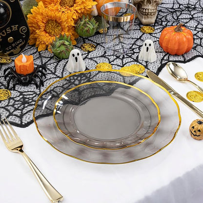 EI 150pcs Clear Black Dinnerware Set,Clear Black Fancy Plastic Plates with Gold Rimmed and Gold Plastic Silverware,Heavy Duty Party Plates Disposable for Afternoon Tea,,Christmas,New Year