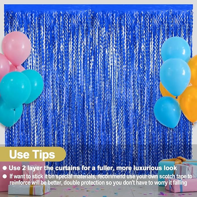 4 Pack Blue Fringe Curtain Backdrop 3.2Ft x 8.2Ft Metallic Tinsel Foil Fringe Streamers Background for Photo Booth Mother's Day, Easter, Carnival, Birthday, Wedding Party Decoration