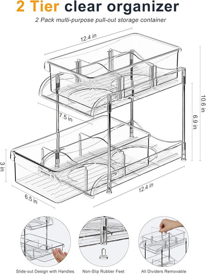 Under Sink Organizer, Bathroom Organizers and Storage, 2 Tier Multi-Use Pull Out Cabinet Organizer with Hang Hooks and Cups (transparent, 2 Pack)