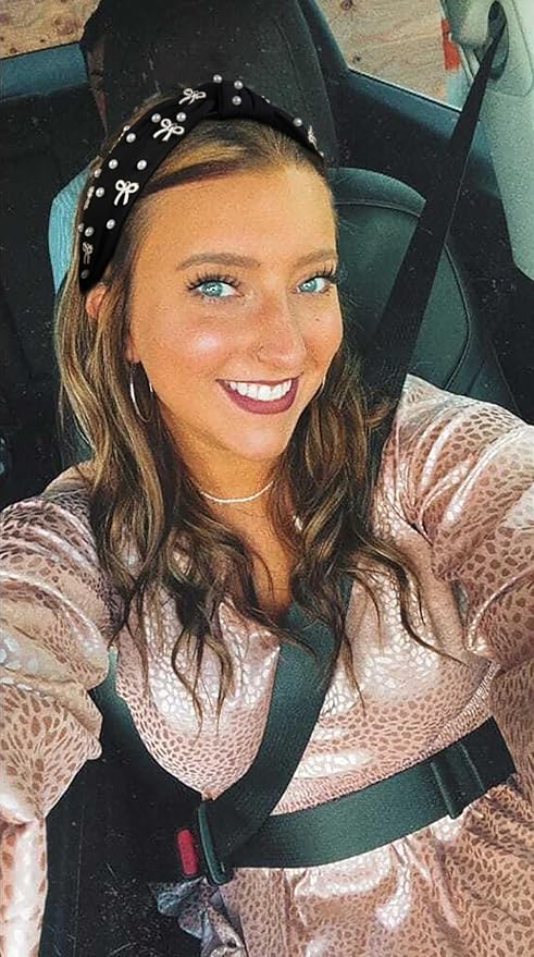 Cute Knotted Headbands for Women, Trendy Bows and Pearl Wide Head Band Non Slip Hairhoop, Thick Elastic Hairband for Womens Hair Black Hair Accessories