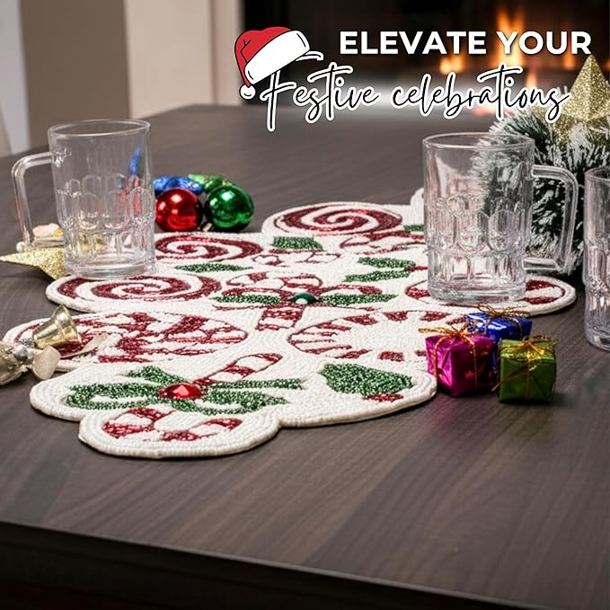 CLEENTABLE Handcrafted Christmas Beaded Table Runner – 36"x13" Art Deco Home Decor & Luxury Dinner Table Centerpiece in Vibrant Cherry Reddish with 85% Glass Beads, Durable Polyester Backing