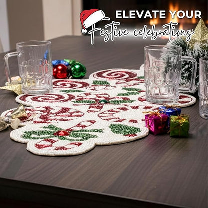 CLEENTABLE Handcrafted Christmas Beaded Table Runner – 36"x13" Art Deco Home Decor & Luxury Dinner Table Centerpiece in Vibrant Cherry Reddish with 85% Glass Beads, Durable Polyester Backing