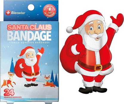 BioSwiss Kids Bandages, Christmas Santa Claus Shaped Self Adhesive Bandage Set, Latex Free, Sterile Wound Care, 24 Count
