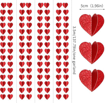 Party-Decorations Red Heart Garland - 39Ft 3D Special Night Galentines Hanging Paper Streamers Banner,Baby Girl Birthday Bachelorette Engagement Mohters Brunch Decor Ouruola