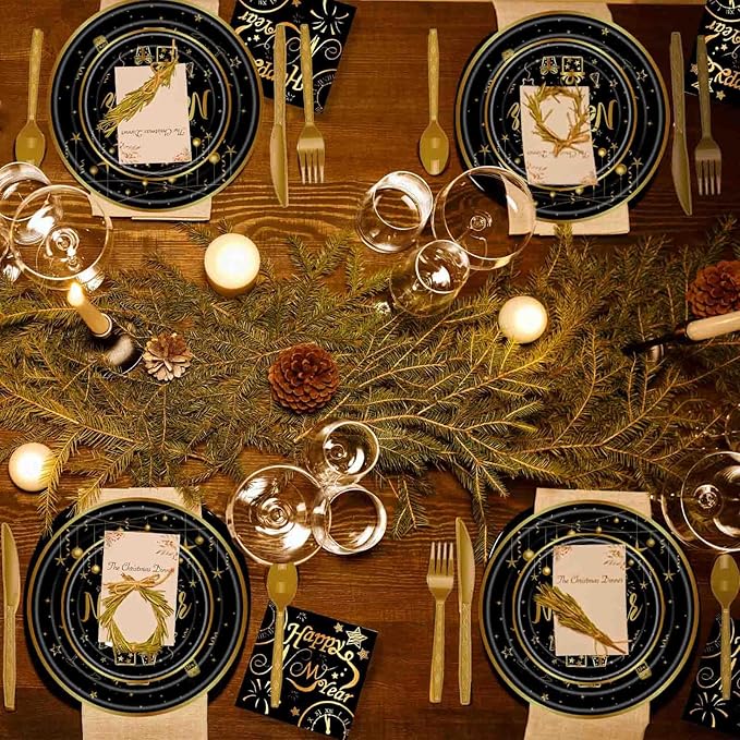 170 Pcs Happy New Year Disposable Tableware Set 2026 Happy New Year Eve Party Supplies, Disposable Tablecloth, Paper Cup, Plates for 24 Guests 2026 NYE Dinner Supplies, Black, Gold