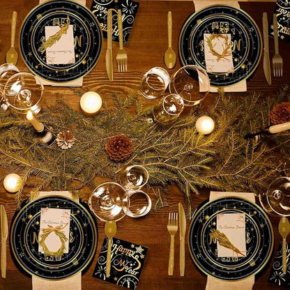 170 Pcs Happy New Year Disposable Tableware Set 2026 Happy New Year Eve Party Supplies, Disposable Tablecloth, Paper Cup, Plates for 24 Guests 2026 NYE Dinner Supplies, Black, Gold