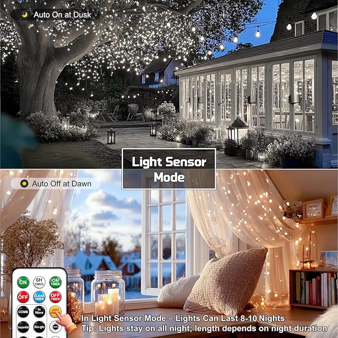 HXWEIYE Rechargeable Fairy Lights with Remote, 2 Pack 33ft 100LED Twinkle Lights with DIY Timer & Light Sensor, Waterproof Outdoor String Lights for Bedroom Patio Christmas Tree Decor, White