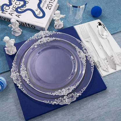 FLOWERCAT 175PCS Clear Silver Plastic Plates -Include 50 Plates, 25 Cups, 25 Forks, 25 Knives, 25 Spoons, 25Napkins for Wedding & Party&New Year