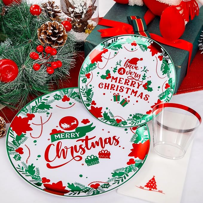 Liacere 175Pcs Christmas Plastic Plates - Green and Red Plastic Plates - include 50 Christmas Plate 25 Cups 75 Plastic cutlery 25 Tree Napkins - Suitable For All Kinds Of Holidays