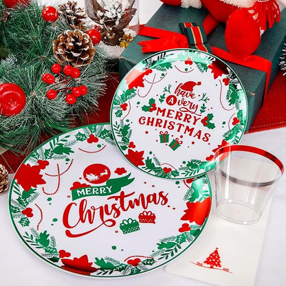 Liacere 175Pcs Christmas Plastic Plates - Green and Red Plastic Plates - include 50 Christmas Plate 25 Cups 75 Plastic cutlery 25 Tree Napkins - Suitable For All Kinds Of Holidays