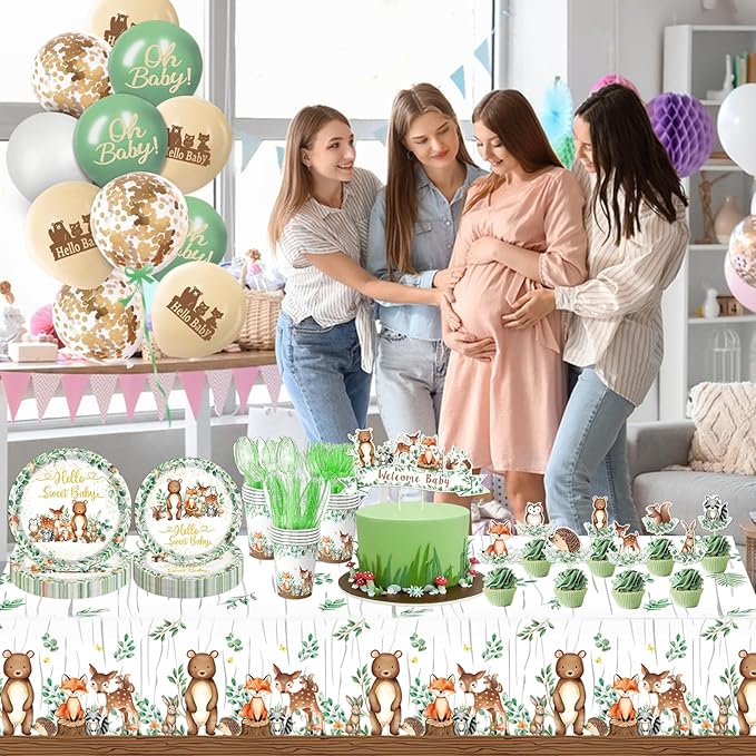 Woodland Baby Shower Decorations - Plates, Napkins, Cups, Cutlery, Cake & Cupcake Toppers, Banner, Hanging Swirls, Tablecloth, Balloons for Woodland Safari Birthday Party Decorations, Serve 24