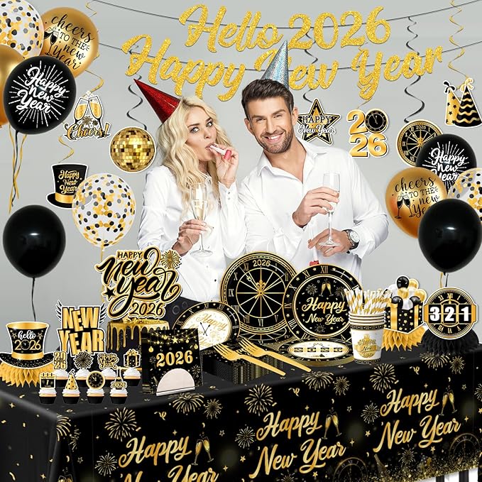 New Years Decorations 2026,new Years Eve Party Supplies Gold and Black Nye Party Decorations include Gold Number 2026 Banner,Tablecloth,Cup,Balloon,Cake Topper,Plates and Napkins for Happy New Years