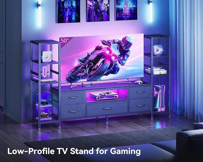 Casaottima TV Stand for 40/50/55 Inch TV, Low-Profile Entertainment Center with LED Lights & Power Outlets, TV Stand with Drawers & Open Shelves for Storage for Small Spaces/Living Room/Gaming, Black