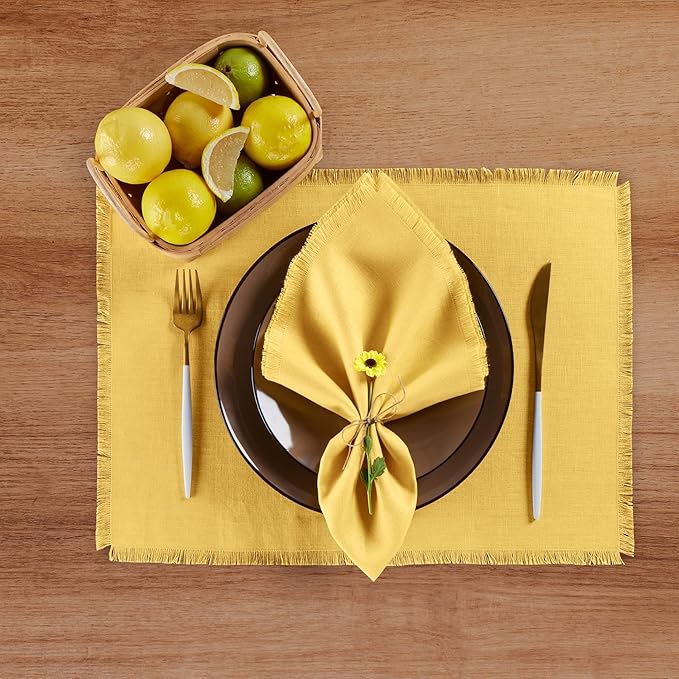 Solino Home Fringe Linen Placemats Set of 4 - Marigold Yellow Placemats 14 x 19 Inch - 100% Pure Linen Table Mats