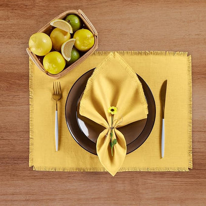 Solino Home Fringe Linen Placemats Set of 4 - Marigold Yellow Placemats 14 x 19 Inch - 100% Pure Linen Table Mats