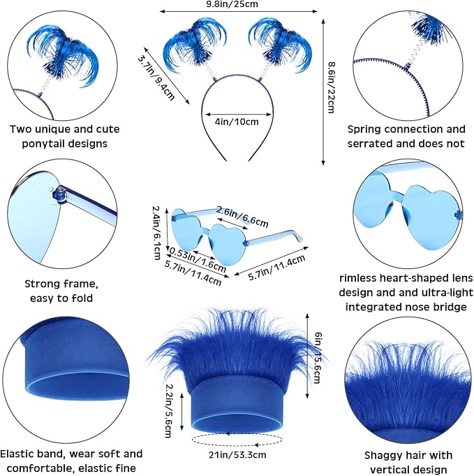 Yunsailing 24 Pcs Blue Hairy Costume for Women Ponytails Hairy Headband Feathers Heart Shape Sunglasses Outfits for Men(Blue)