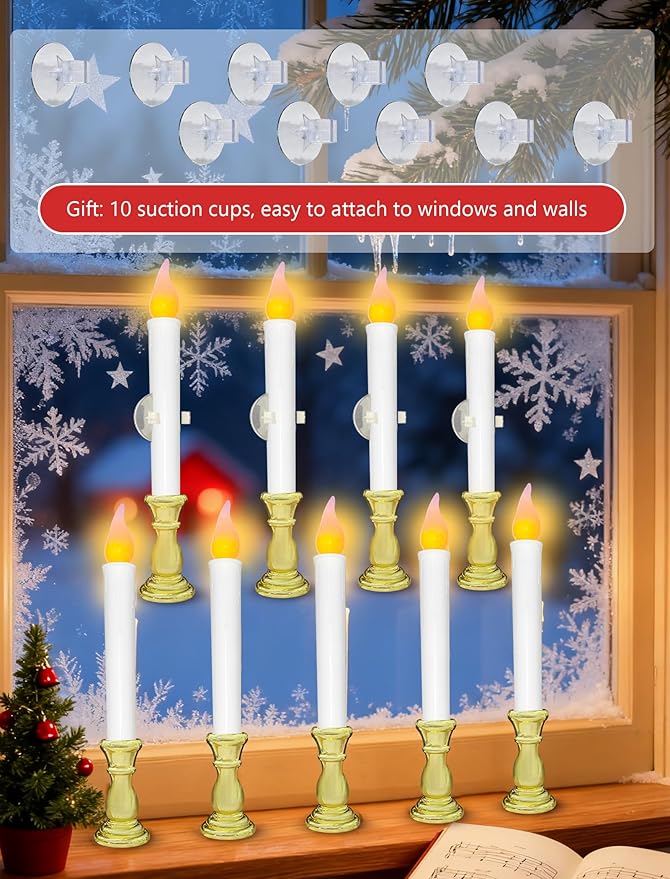 10 Pcs Battery Operated LED Window Candles with Timer, 10'' Flameless Flickering Christmas Window Candles with Suction Cups, Gold Base Taper Candlesticks Lights for Christmas Window Table Decorations