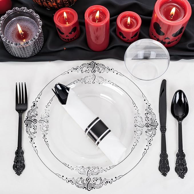 Hioasis 175pcs Clear Black Plastic Plates - Elegant Disposable Dinnerware Set Suitable for 25 Guests Include 10.25" Dinner & 7.5" Dessert Plates, Pre Rolled Silverware Set, Cups for Party & Wedding