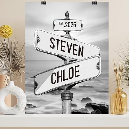 Personalized Vintage Street Sign For Couples, Custom Street Sign Canvas Poster Wall Art With Names, Gift For Valentine