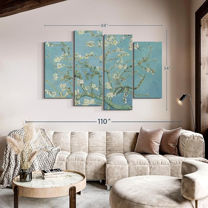 ElephantStock Almond Blossoms Wall Art - Horizontal Canvas - 4-Piece Living Room Wall Decor - Flower Painting Canvas Print - Blue and Green Decor for Wall by Vincent Van Gogh - 84" X 54"