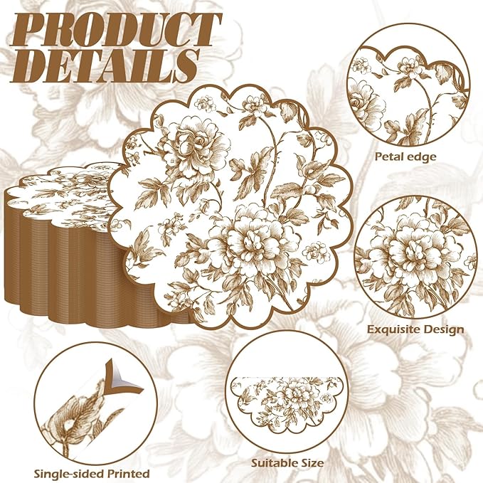 100 Pcs Brown Floral Paper Placemats with Scalloped Edges 15 Inch Chinoiserie Paper Table Mats Vintage Floral Place Mats for Dining Parties Weddings Holidays Table Decorations